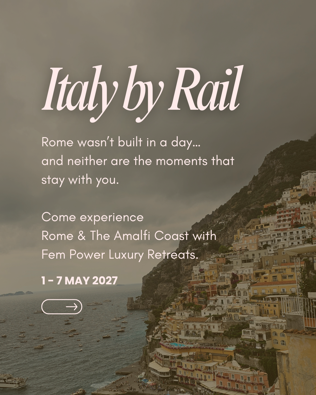 Italy by Rail Retreat: 1 to 7 June 2027 = R29 000