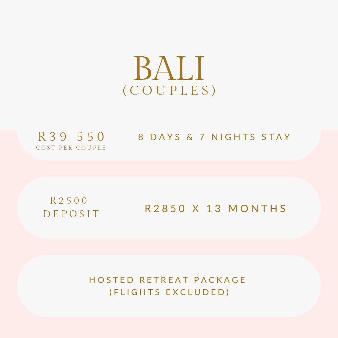 Bali: 29 March to 5 April 2027 = R39 550 per couple